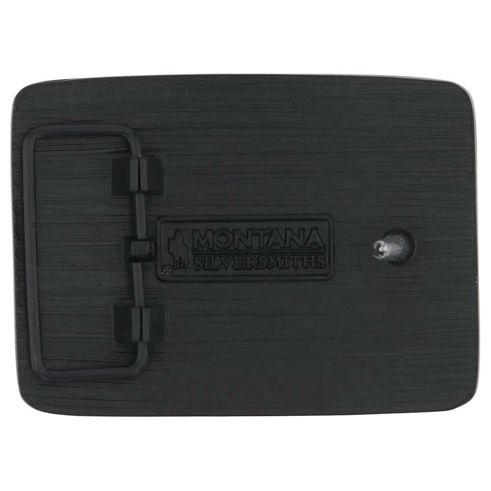 Back view of the Brownsboro Whiskey Bent Belt Buckle – The reverse side of the buckle featuring the Montana Silversmiths logo and a 1.5-inch swivel attachment.
