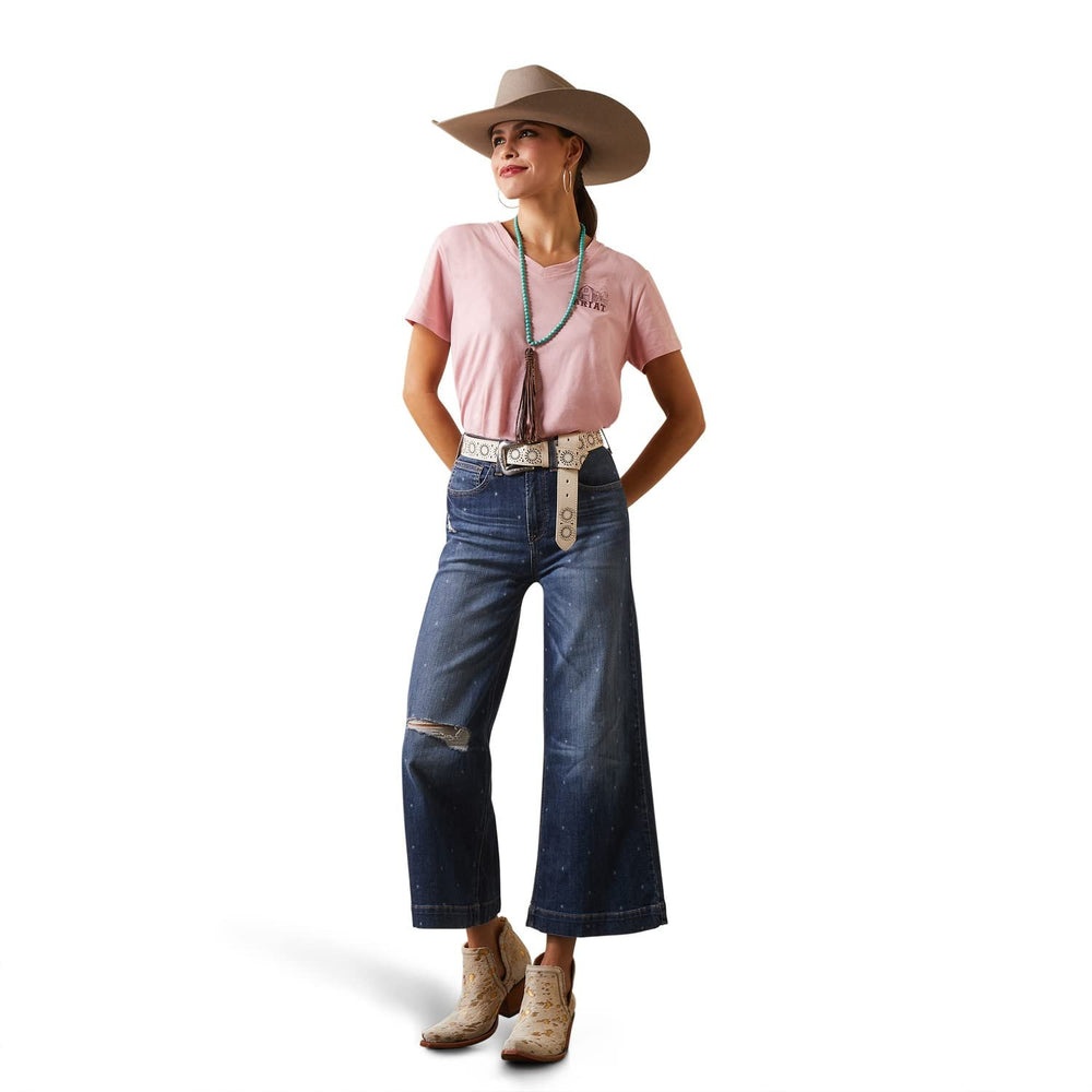 Cowgirl Wearing Ariat Women's Real Grazin' T-Shirt in Coral Blush