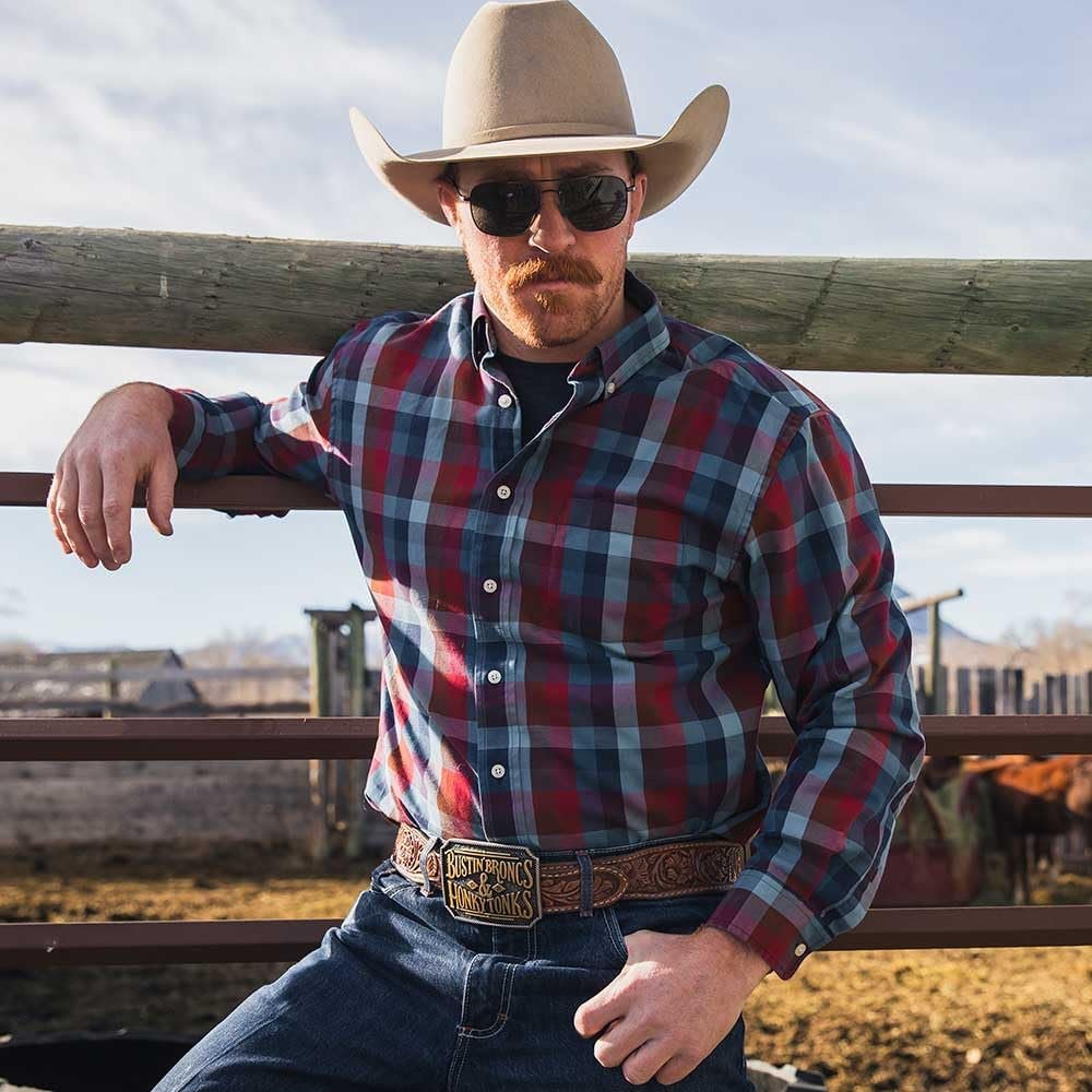Cowboy Wearing Montana Silversmiths Men's DB Bustin' Broncs & Honky Tonks Buckle