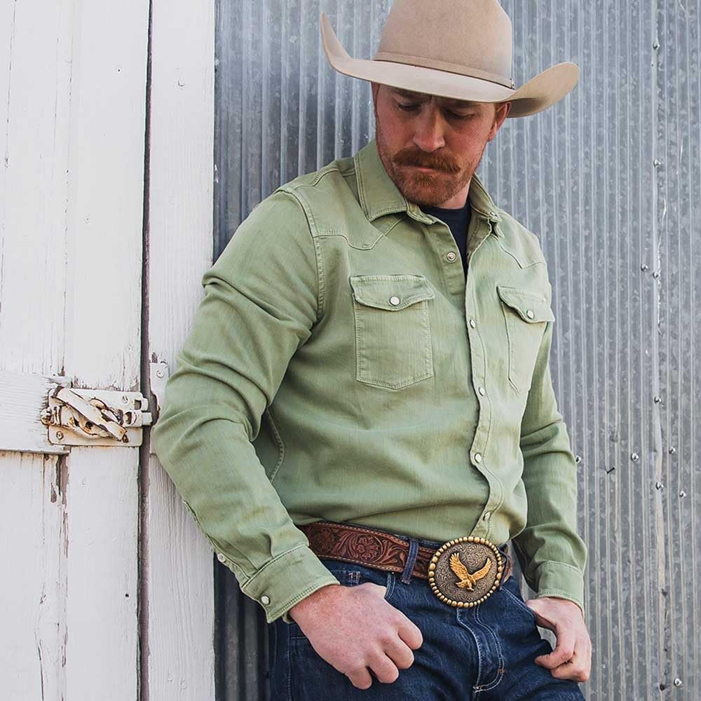 
                  
                    Cowboy Wearing Montana Silversmiths Men's Soar High Attitude Belt Buckle
                  
                
