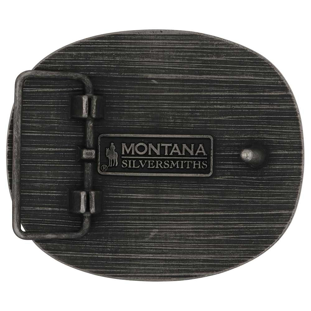 Back view of the Whiskey Bent Belt Buckle – The reverse side of the buckle displaying the Montana Silversmiths logo and a 1.5-inch swivel for secure attachment.
