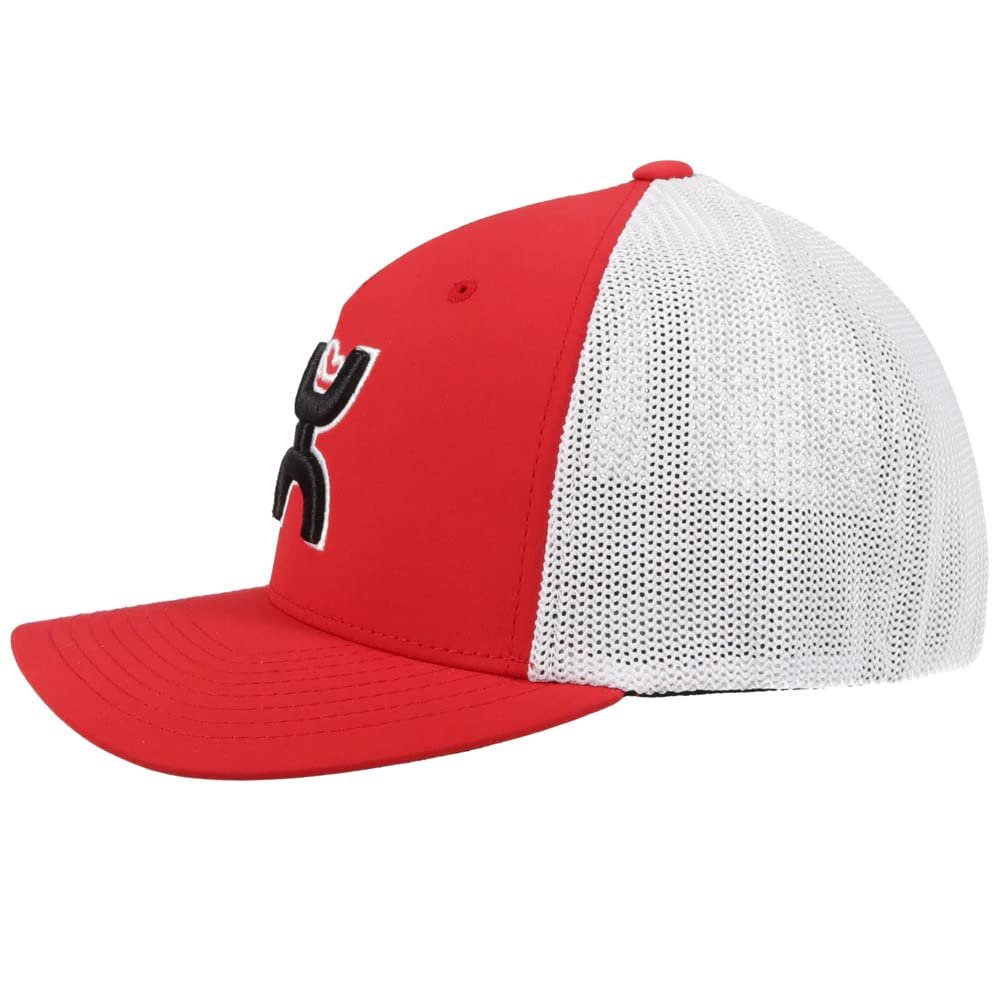 Red and white cap with a logo on a white background