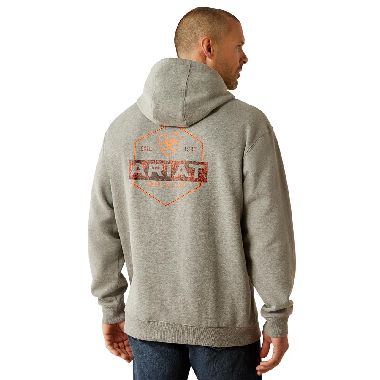 Back of Ariat Men's Bold Hex Hoodie in Gray Heather