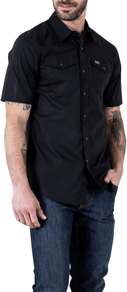 
                  
                    Man Wearing Kimes Ranch Men's Rio Short Sleeve Dress Shirt in Black
                  
                