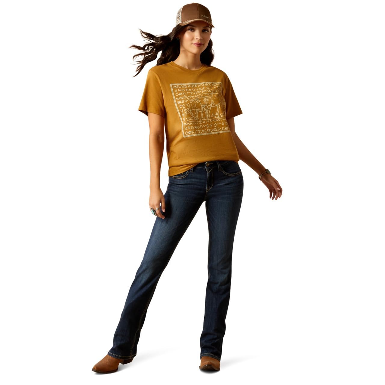 Model Wearing Ariat Women's Longhorn Brand T-Shirt in Harvest Gold
