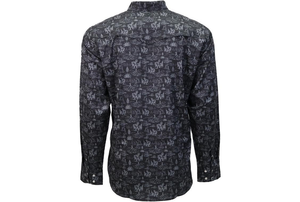 
                  
                    Back of HOOEY Men's Sol Long Sleeve Pearl Snap Shirt Black/Grey Comache Pattern
                  
                