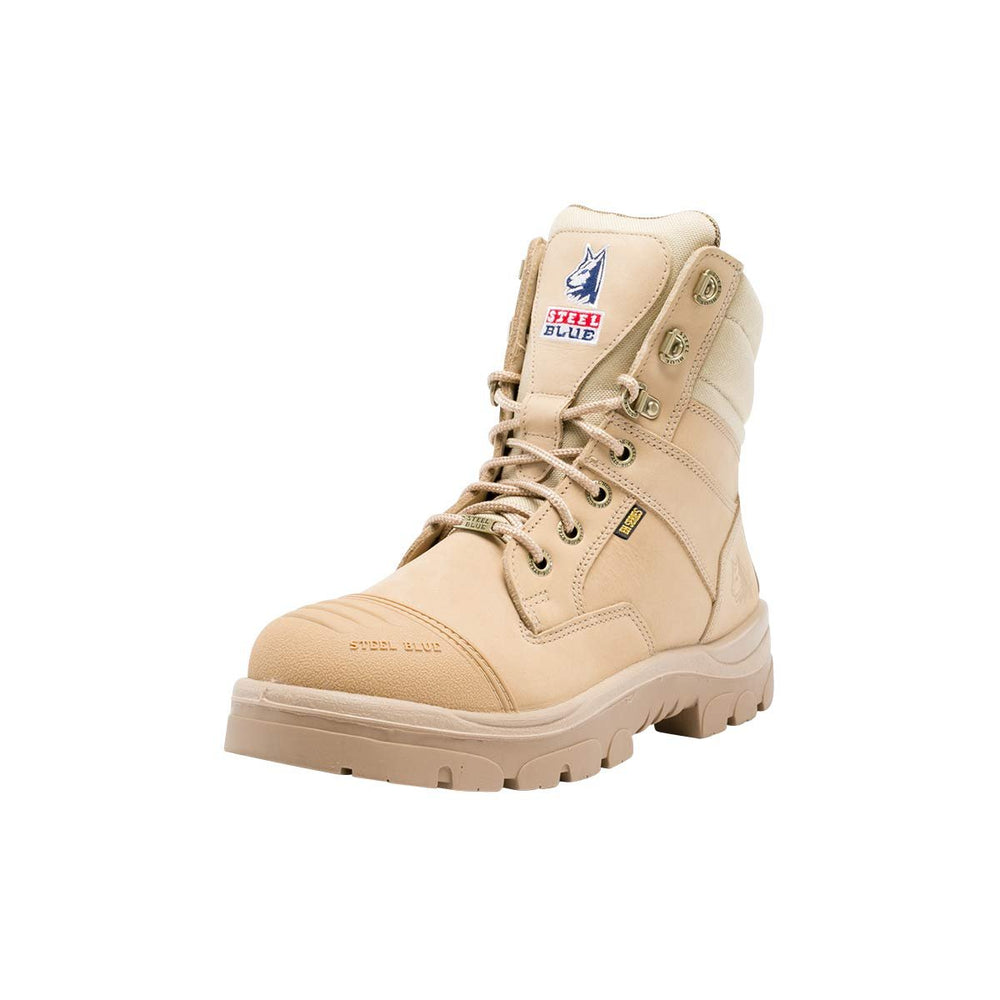 Angled Front View of Steel Blue Southern Cross Zip Safety Boot in Sand