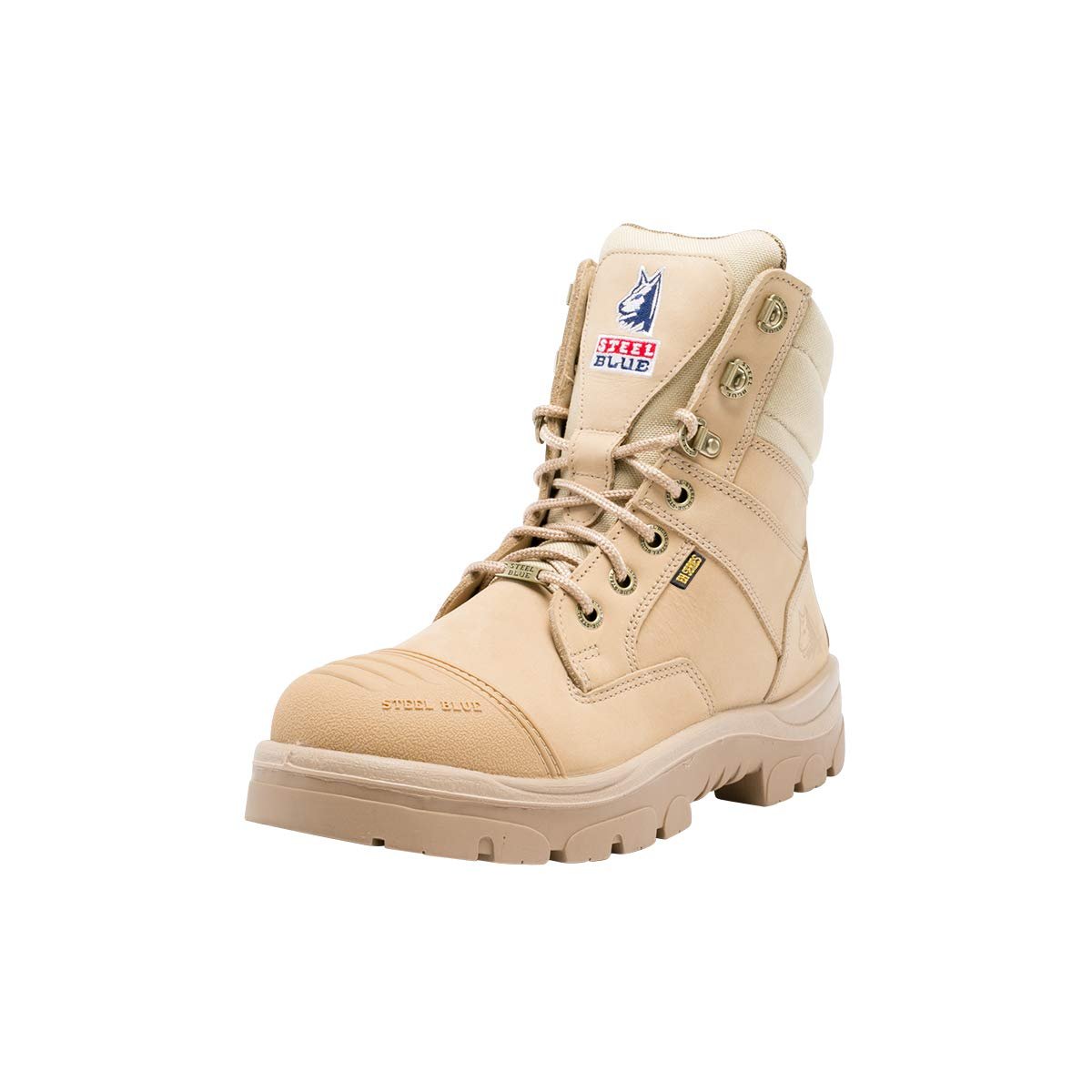 Angled Front View of Steel Blue Southern Cross Zip Safety Boot in Sand