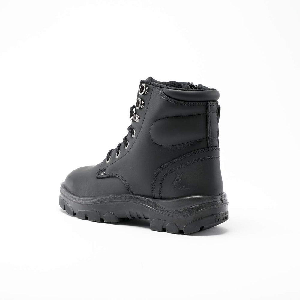 
                  
                    Angled Back View of Steel Blue Argyle Zip Work Boots in Black
                  
                
