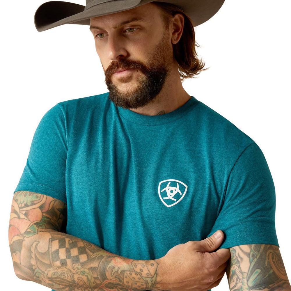 
                  
                    Close-up of Ariat Men's Stacks T-Shirt in Cyan
                  
                