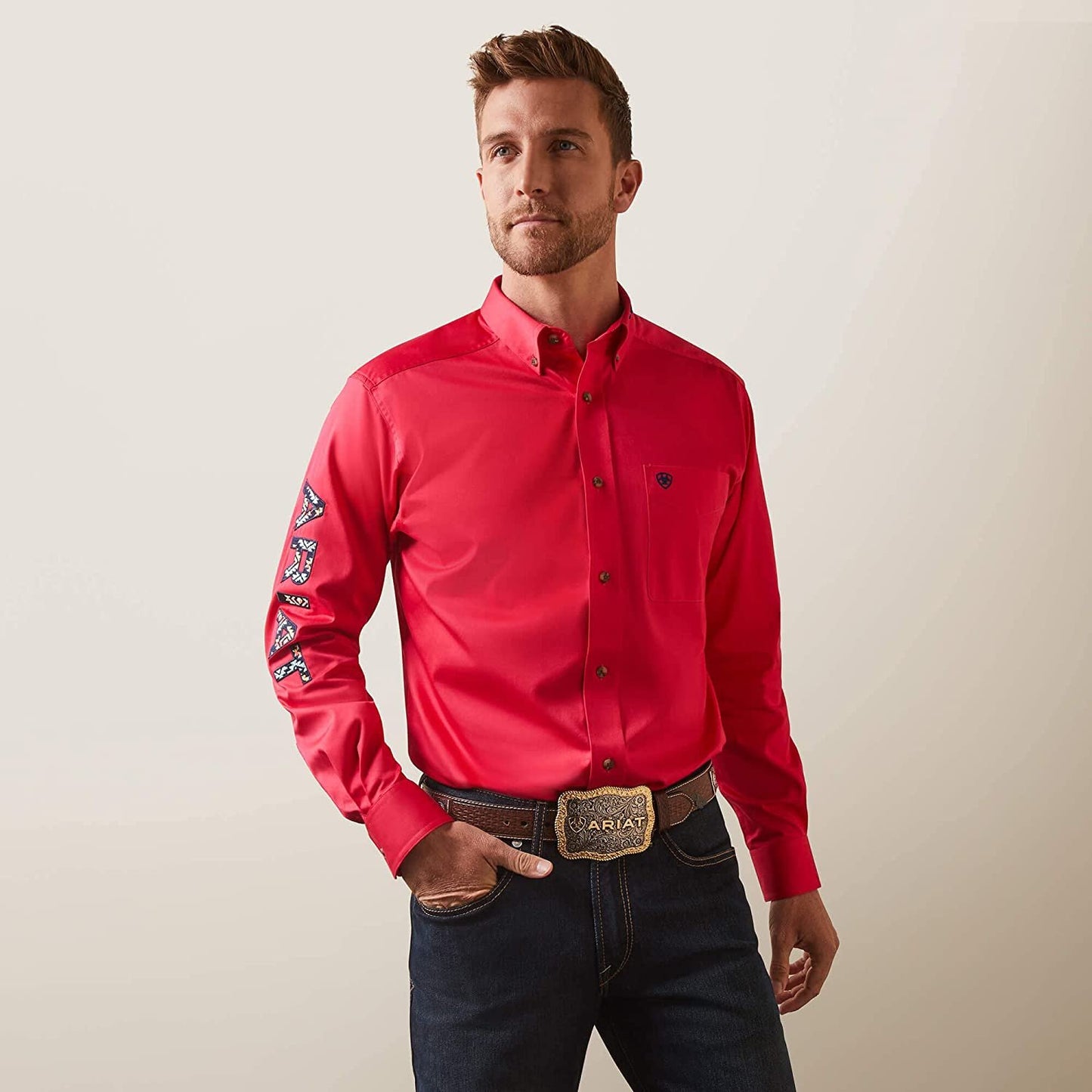 Ariat Men's Team Logo Twill Fitted Shirt in Azalea