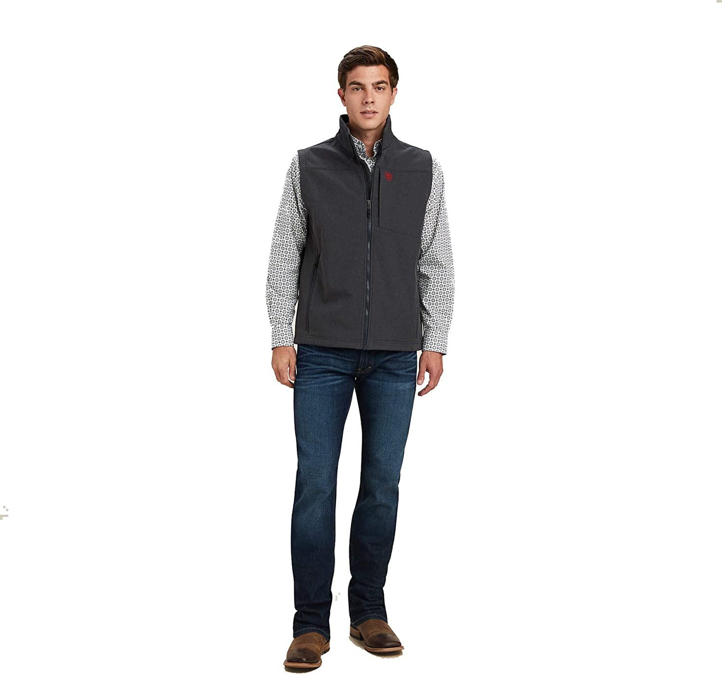 Man Wearing Ariat Men's Logo 2.0 Softshell Vest in Charcoal/Americana