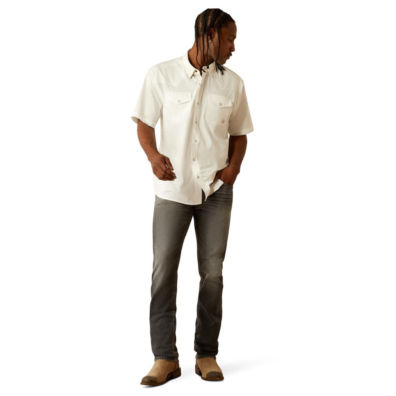 Man Wearing Ariat Men's Western VentTEK Classic Fit Shirt in White