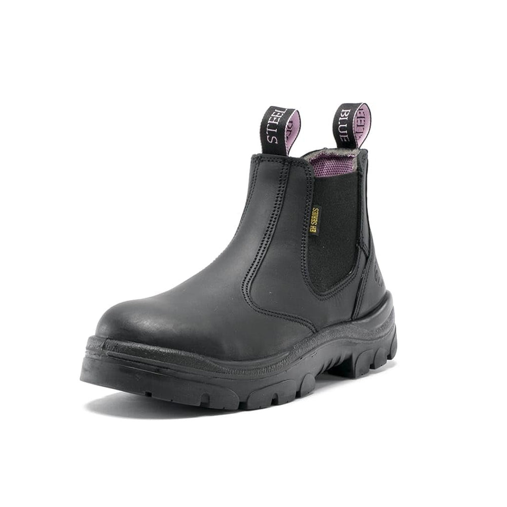 
                  
                    Angled Front View of Steel Blue Hobart Ladies Pull-On Work Boot in Black
                  
                