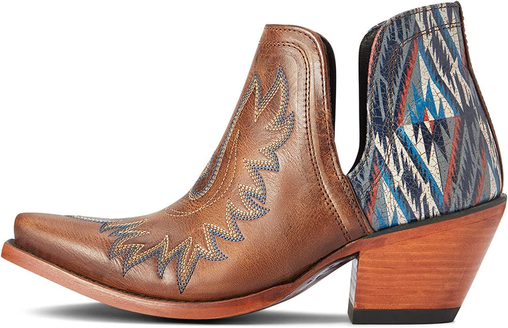 
                  
                    Side Profile of Ariat Women's Dixon Chimayo Western Boot in Fiery Tan/New Mexico Navy Print
                  
                