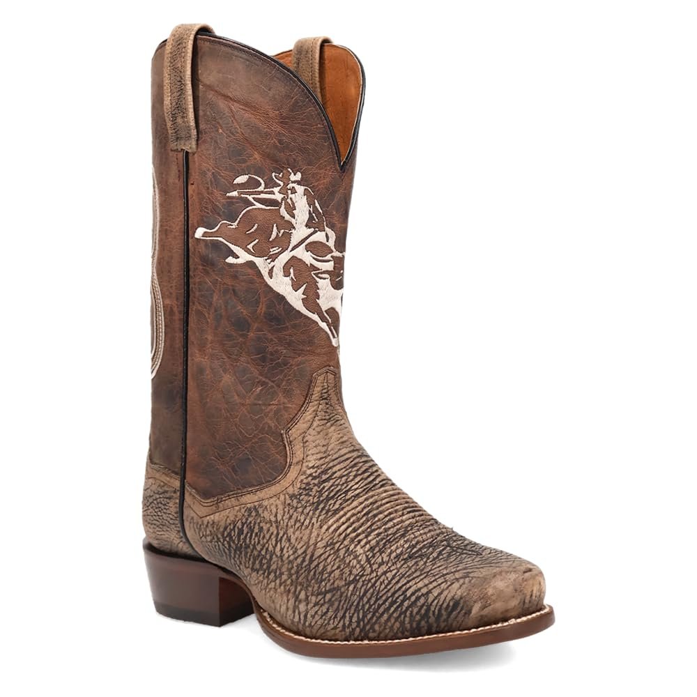 Front angle view of a brown distressed leather cowboy boot with a bold embroidered bull rider design on the shaft. Features a wide square toe and classic Western stitching.