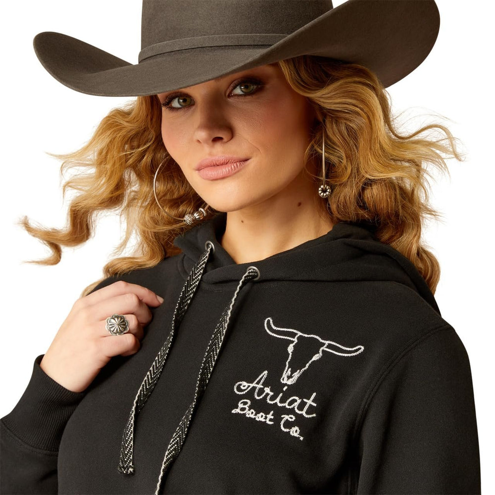 
                  
                    Close-up of Ariat Women's Steer Stitch Hoodie in Black
                  
                