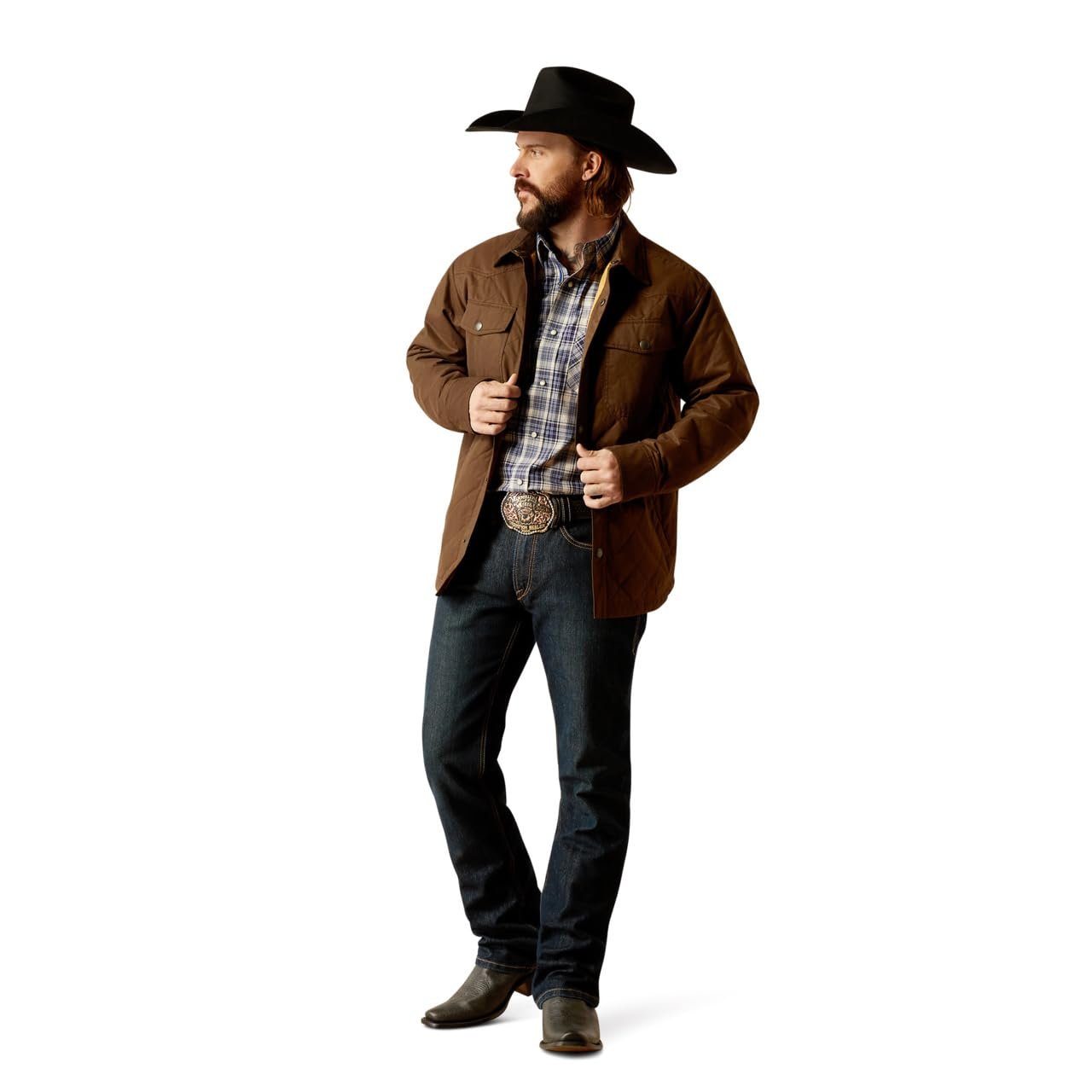 Man Wearing Ariat Men's Grizzly Shirt Jacket in Demitasse
