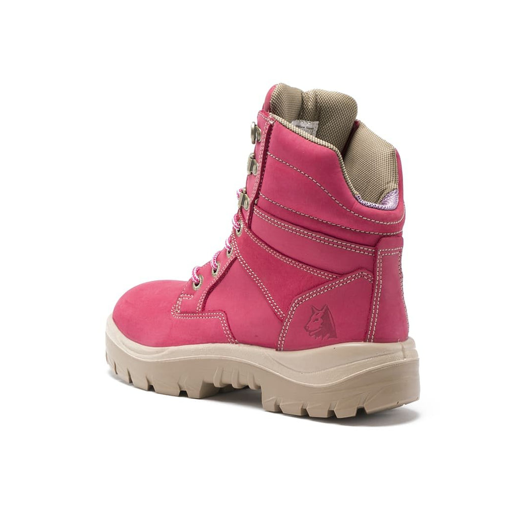 
                  
                    Angled Back View of Steel Blue Southern Cross Ladies Safety Boot in Pink
                  
                