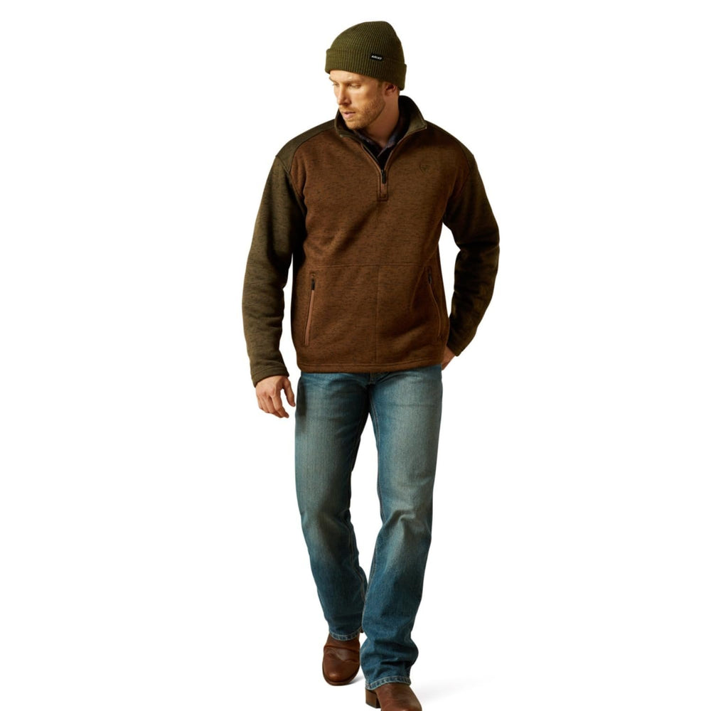 
                  
                    Man wearing Ariat Men's Caldwell 1/4 Zip Sweater in Carafe/Earth Green
                  
                