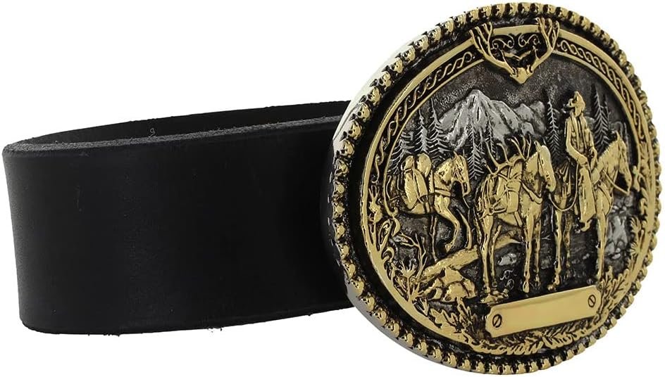 
                  
                    Side Angled View of Montana Silversmiths Pack Horses and Rider Two Tone Attitude Belt Buckle
                  
                