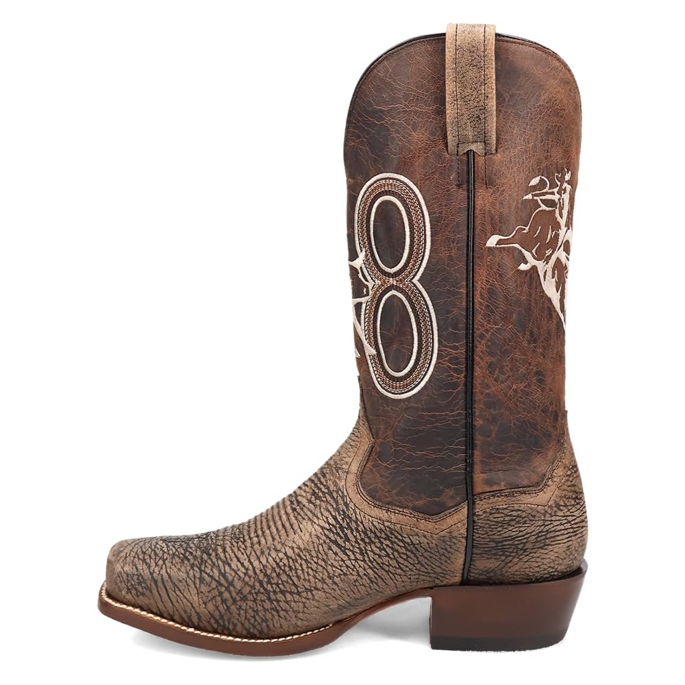 
                  
                    Opposite side view of the cowboy boot, highlighting the rich brown tones, pull straps, and the striking bull rider embroidery.
                  
                
