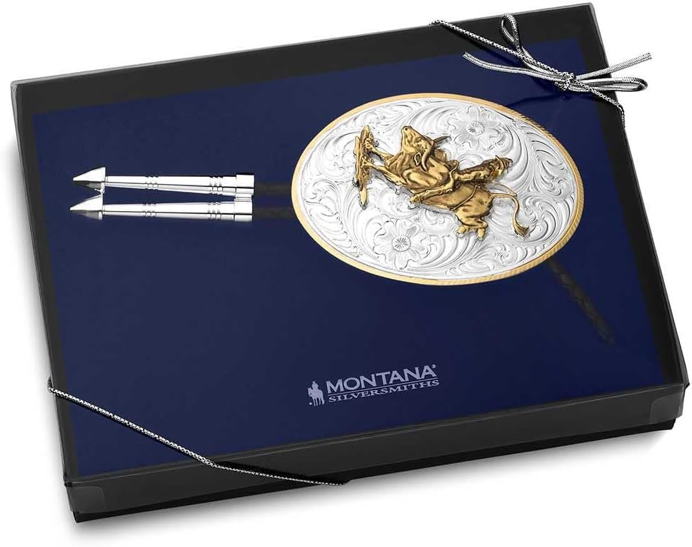 
                  
                    Montana Silversmiths Extra Large Bolo Tie With Bull Rider in Neatly Packaged Box With Blue Padding
                  
                