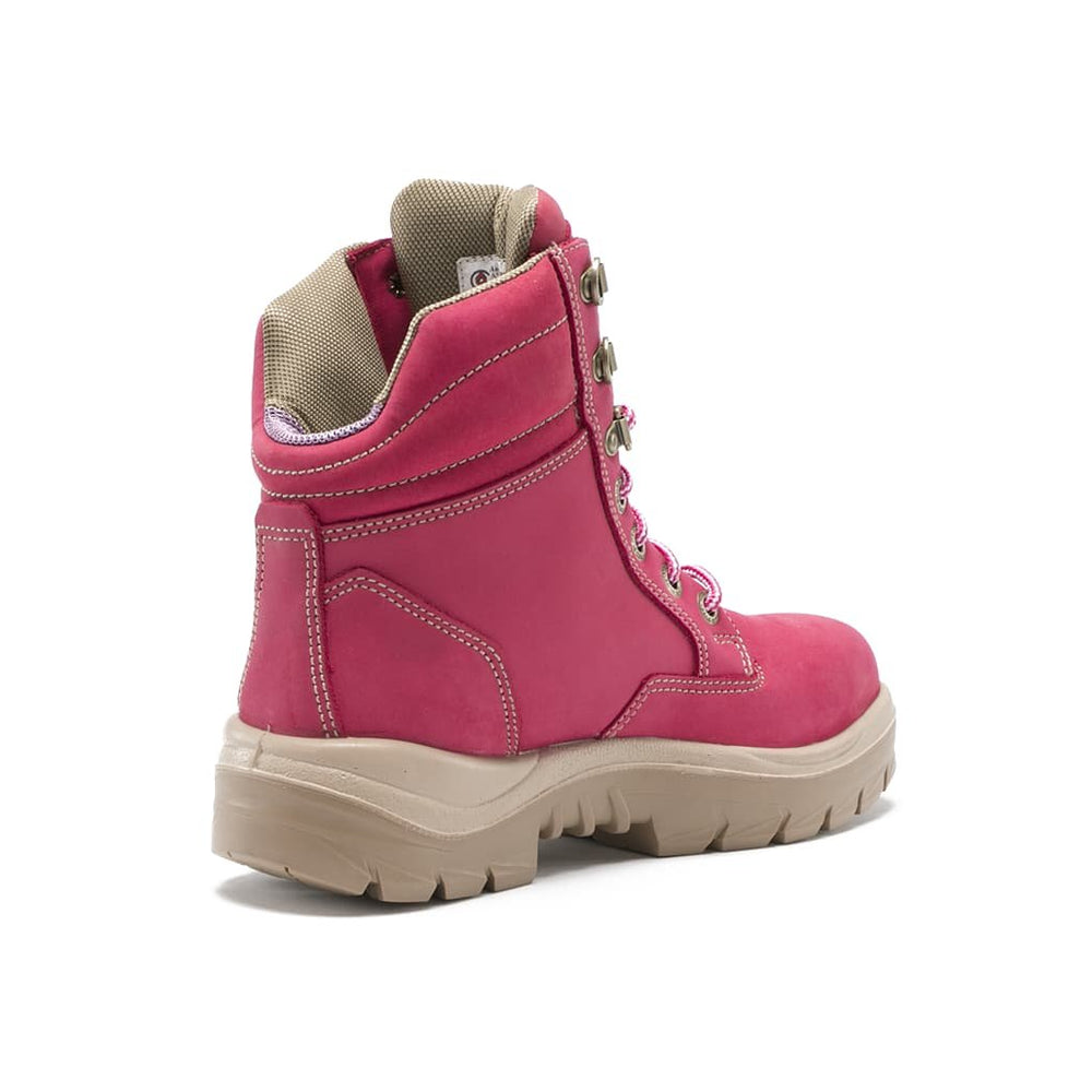 
                  
                    Angled Back View of Steel Blue Southern Cross Ladies Safety Boot in Pink
                  
                