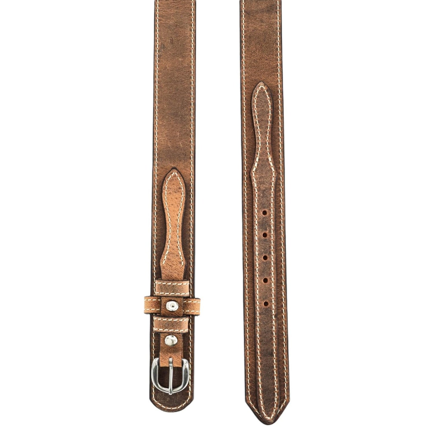 Brown leather belt with a buckle on a white background