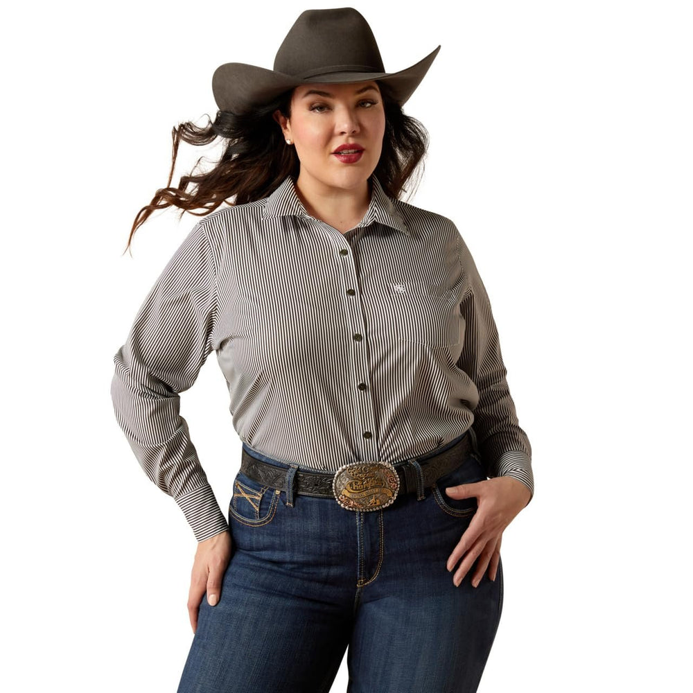
                  
                    Model Wearing Ariat Women's Team Kirby Stretch Shirt in Relic/White Stripe
                  
                