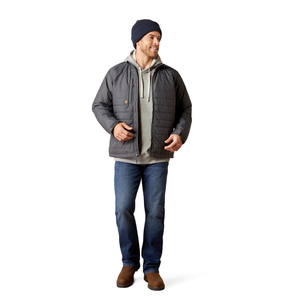 Man Wearing Ariat Men's Rebar Cordura Ripstop Lightweight Insulated Jacket in Rebar Grey