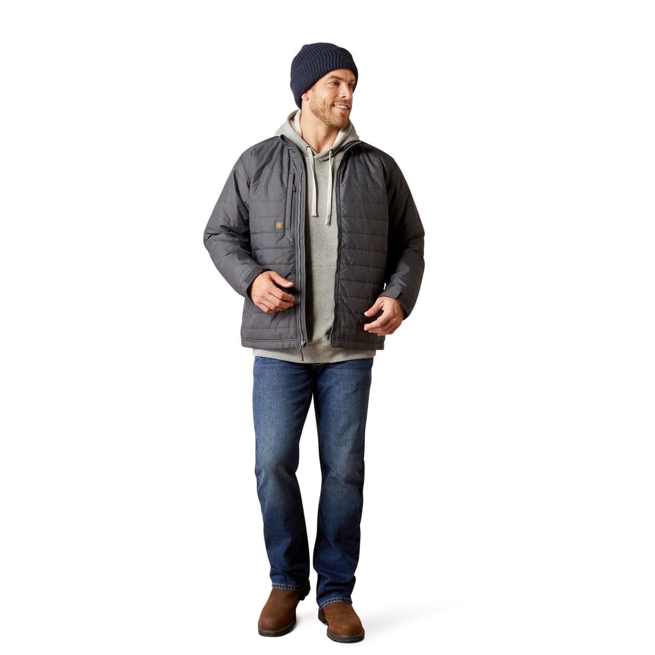 Man Wearing Ariat Men's Rebar Cordura Ripstop Lightweight Insulated Jacket in Rebar Grey