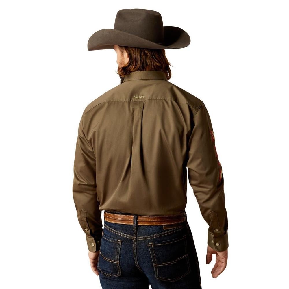 
                  
                    Back of Ariat Men's Team Logo Twill Classic Fit Shirt in Olive Green/Orange
                  
                