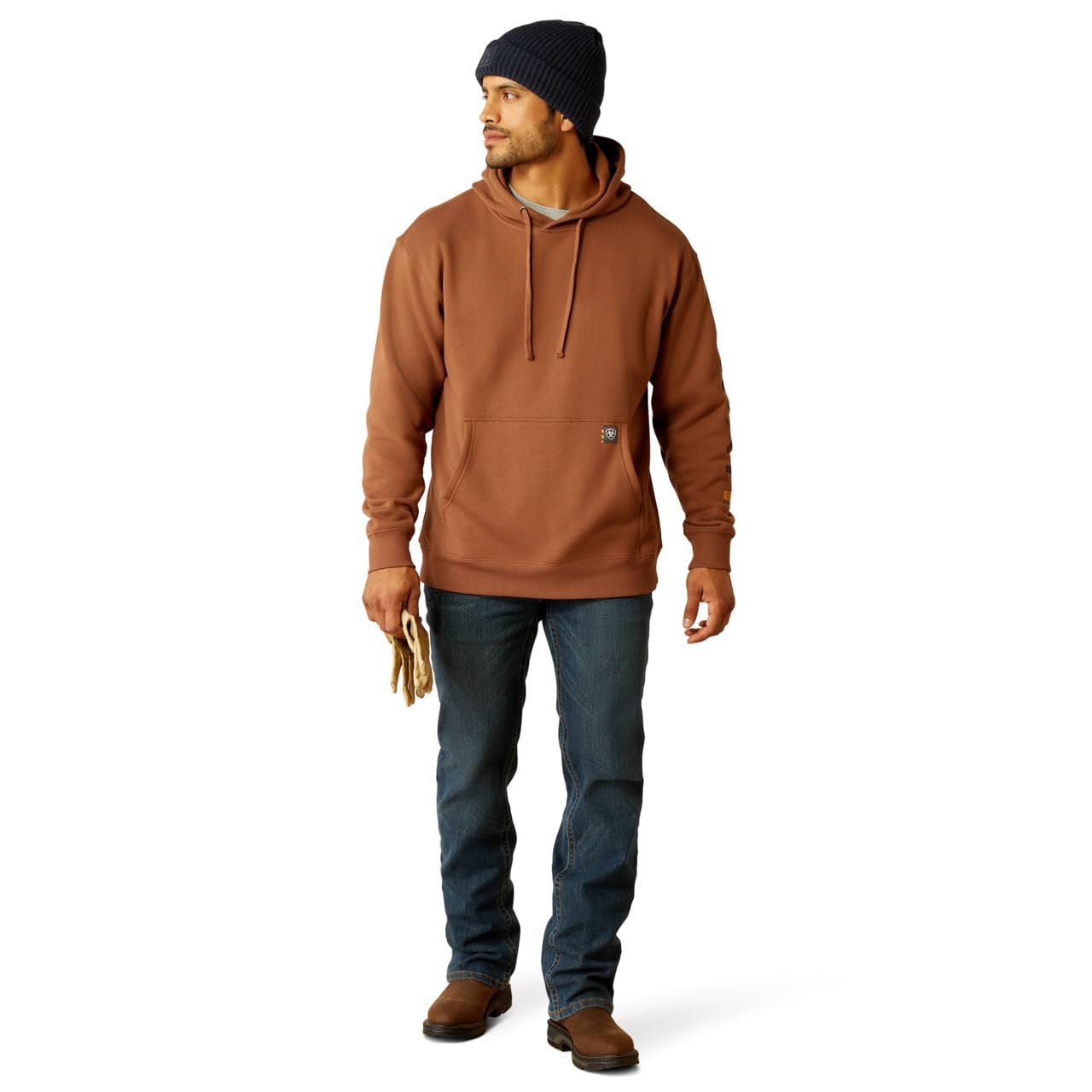 Man Wearing Ariat Men's Rebar Graphic Hoodie in Aztec/Coffee Bean