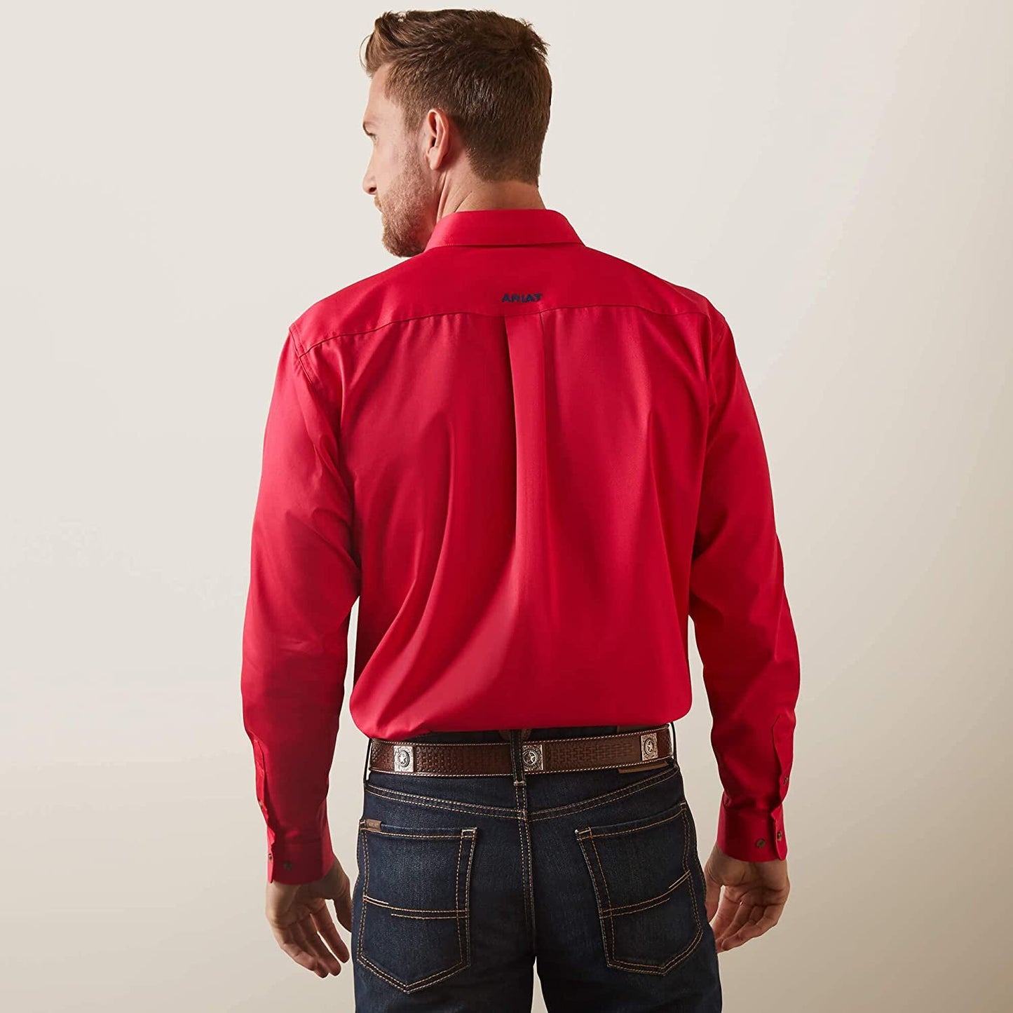 Back of Ariat Men's Team Logo Twill Fitted Shirt in Azalea