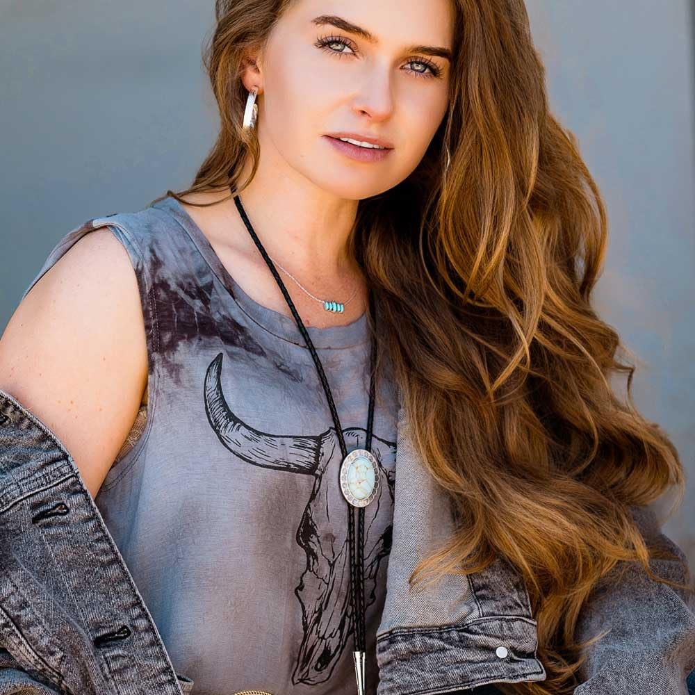 
                  
                    Woman Wearing Montana Silversmiths Turquoise Waters Bolo Tie
                  
                
