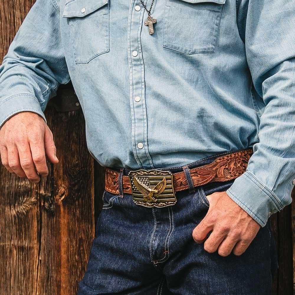 
                  
                    Man Wearing Montana Silversmiths American Flag Attitude Buckle With Soaring Eagle Design
                  
                