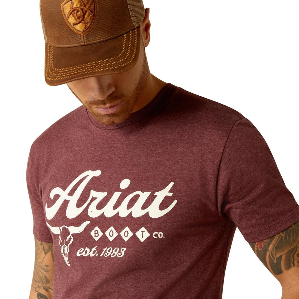 
                  
                    Logo on Ariat Men's Established Boot Co. T-Shirt in Maroon Heather
                  
                