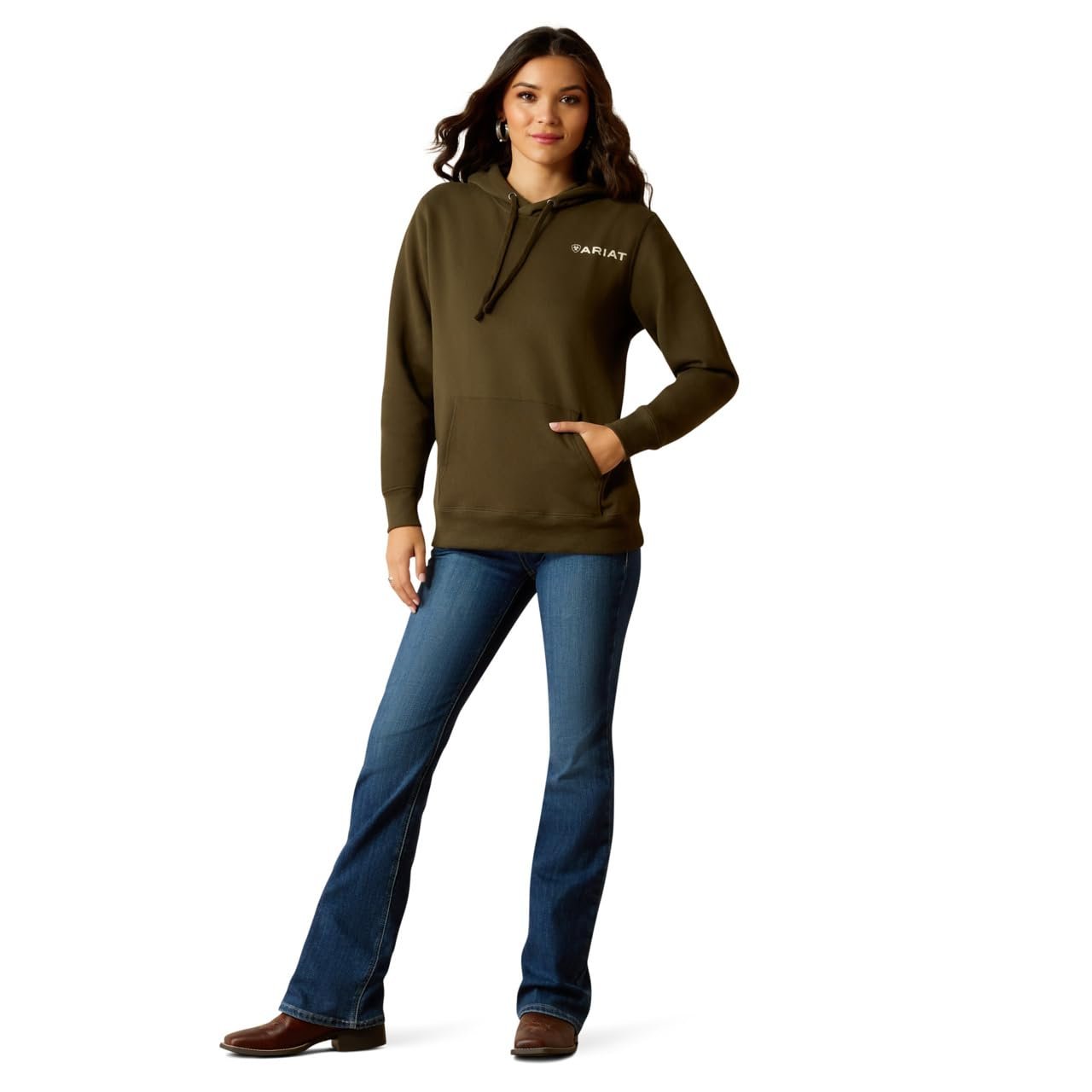Model Wearing Ariat Women's Stamp Hoodie in Relic Green