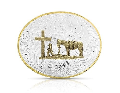Montana Silversmiths Petite Two-Tone Engraved Custom Buckle, Praying Cowboy