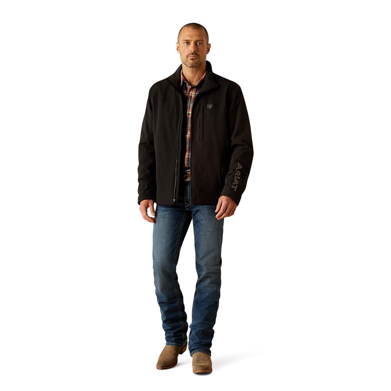 Man Wearing Ariat Men's Pioneer StretchShell Jacket