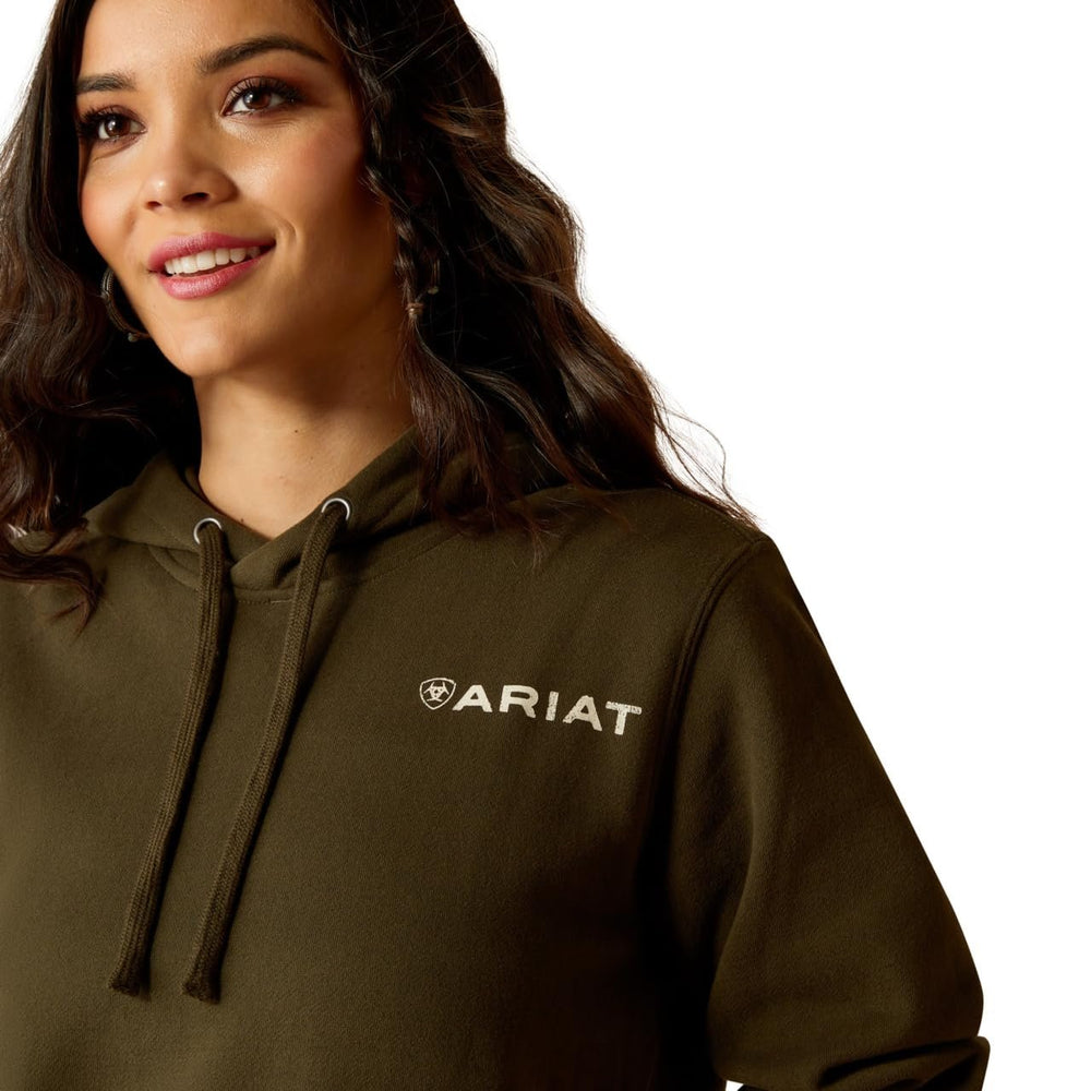 
                  
                    Close-up of Logo on Ariat Women's Stamp Hoodie in Relic Green
                  
                