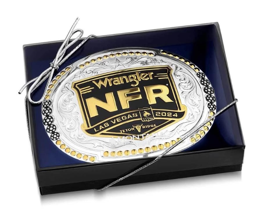 
                  
                    2024 NFR Western Belt Buckle in gift packaging – The Montana Silversmiths NFR buckle displayed in a sleek presentation box, ready for collectors or gifting.

                  
                