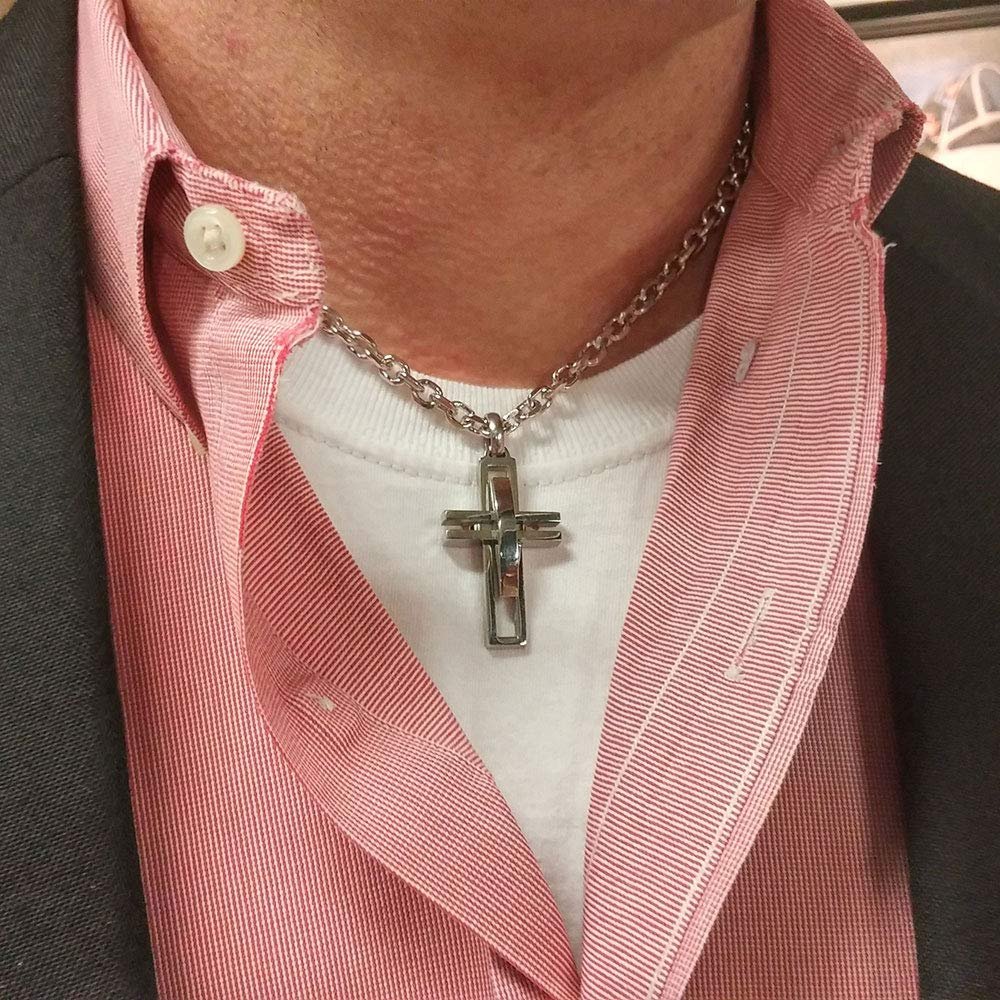 
                  
                    Man Wearing Montana Silversmiths Modern Art Cross Necklace
                  
                