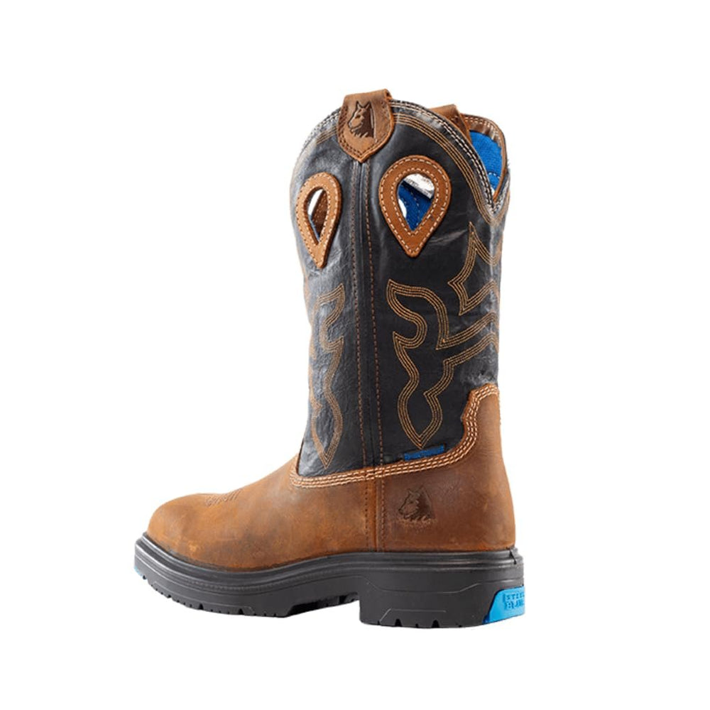 
                  
                    Angled Back View of Steel Blue - Blue Heeler Met Safety Boot in Brown/Black
                  
                
