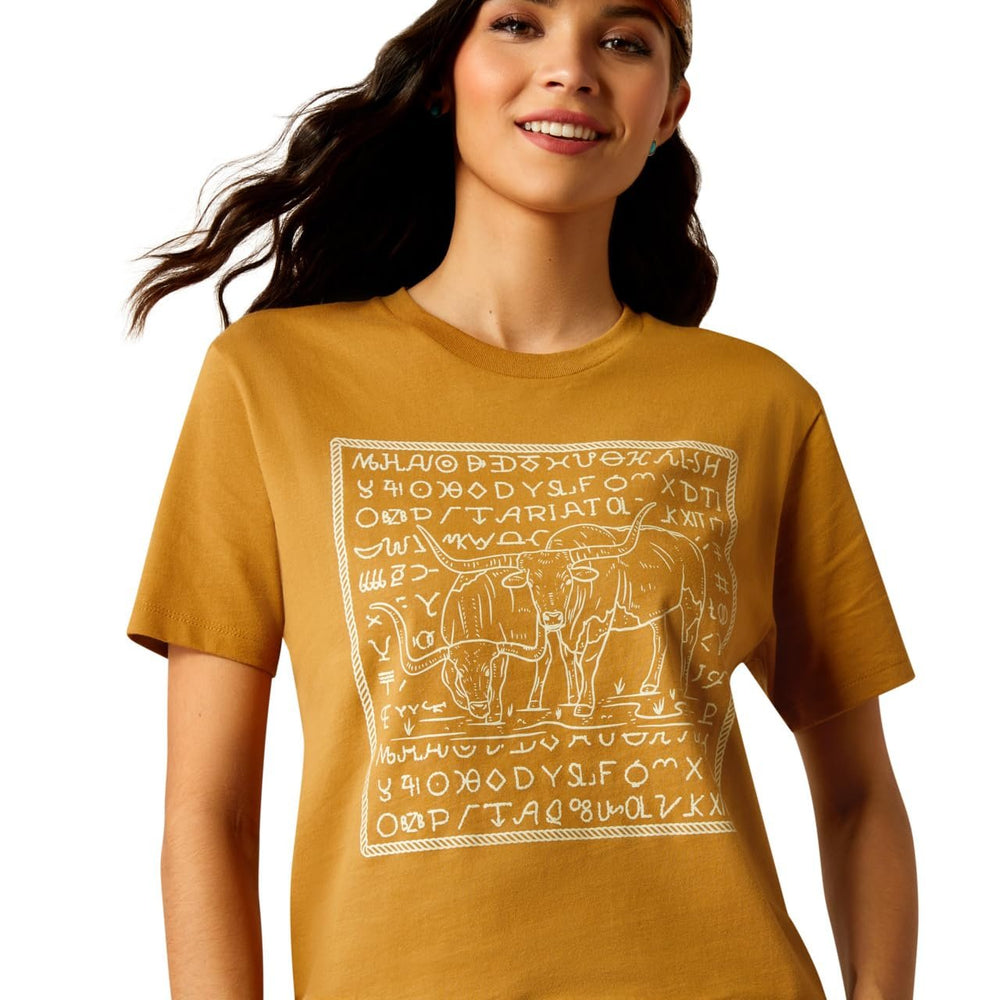 
                  
                    Close-up of Ariat Women's Longhorn Brand T-Shirt in Harvest Gold
                  
                