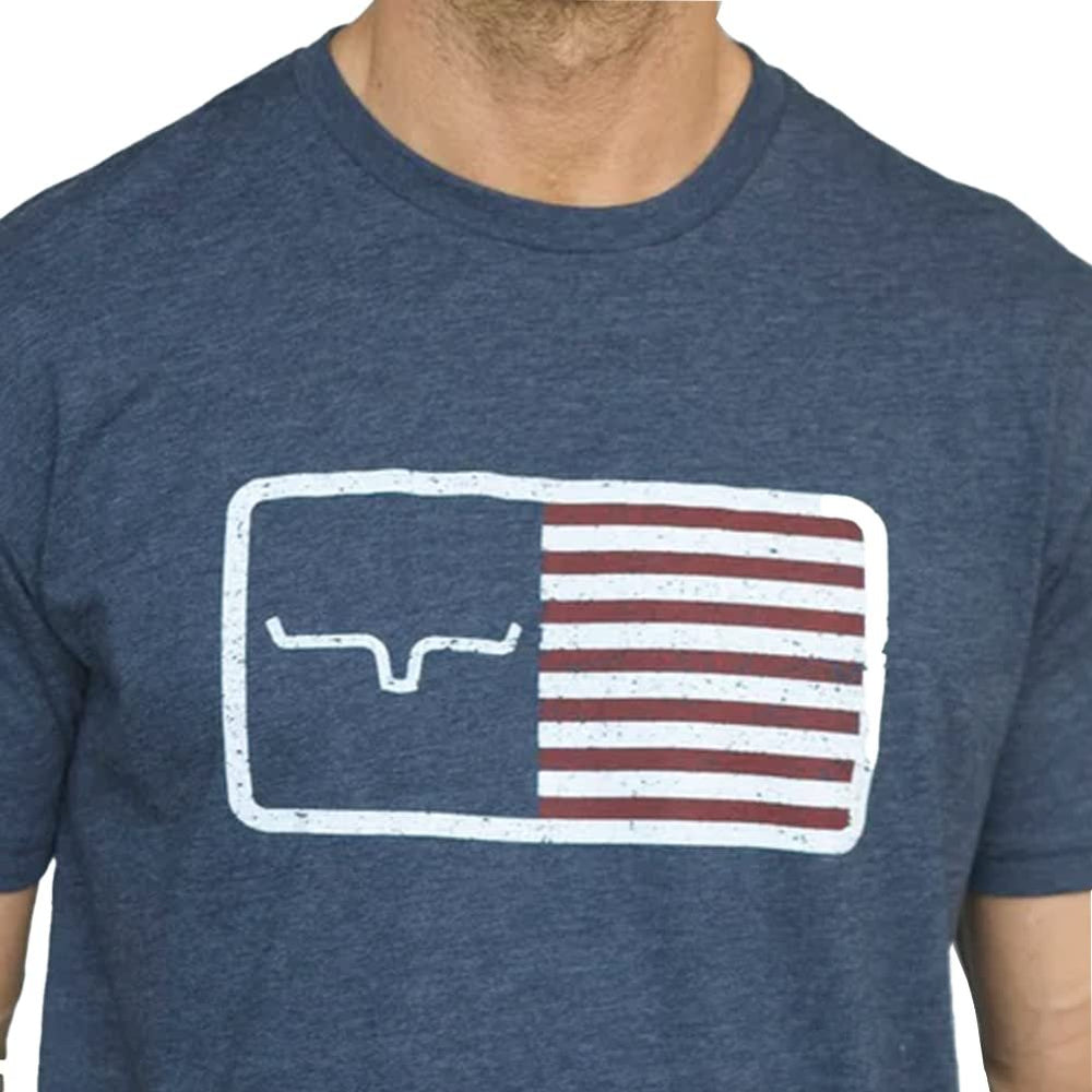 
                  
                    Close-up of flag design on Kimes Ranch Men's American Trucker Short Sleeve T-Shirt, Midnight Navy
                  
                