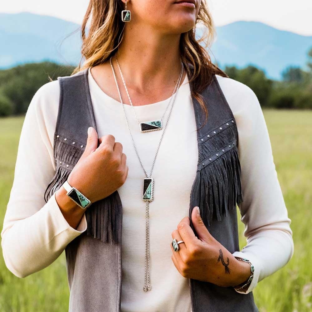 
                  
                    Woman Wearing Montana Silversmiths Women's Double Essence Bolo Necklace
                  
                