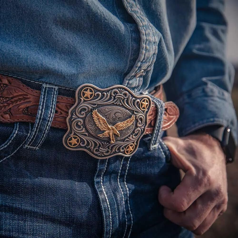 Man Wearing Montana Silversmiths American Eagle Soaring High Attitude Belt Buckle