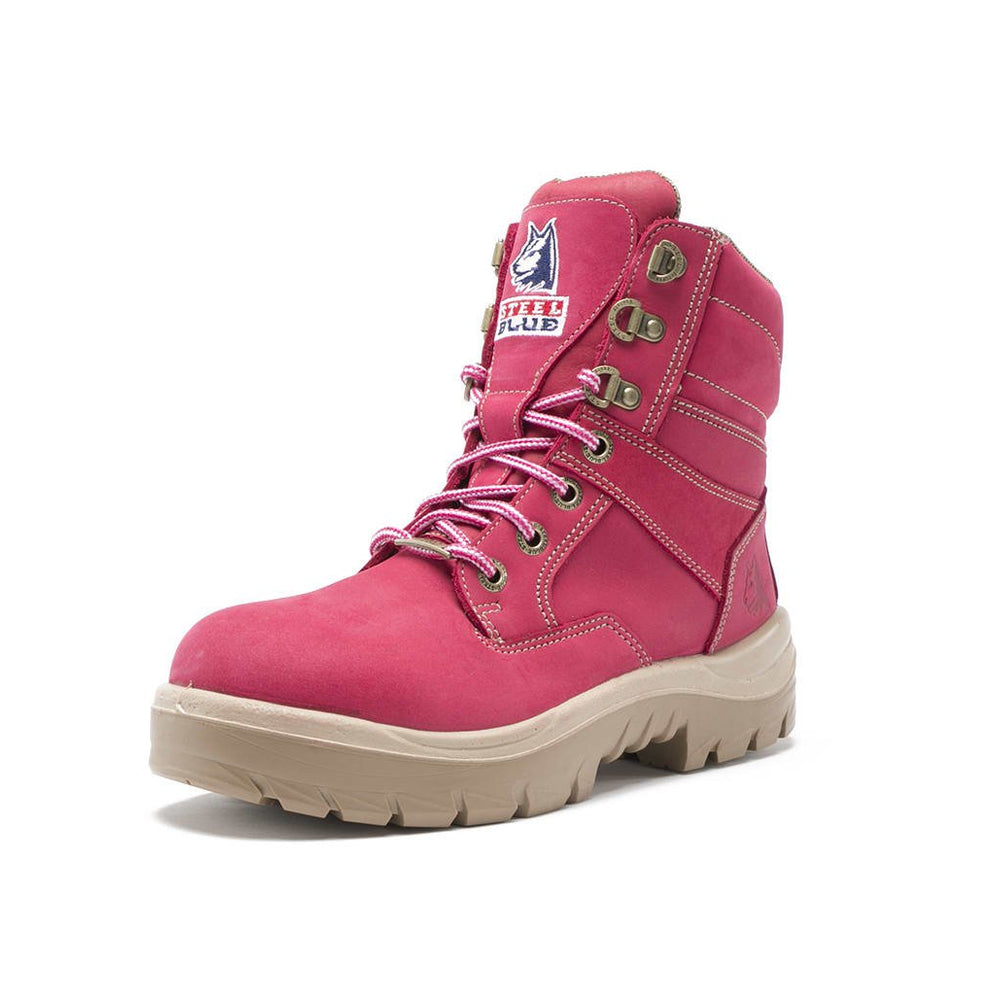 Angled Front View of Steel Blue Southern Cross Ladies Safety Boot in Pink